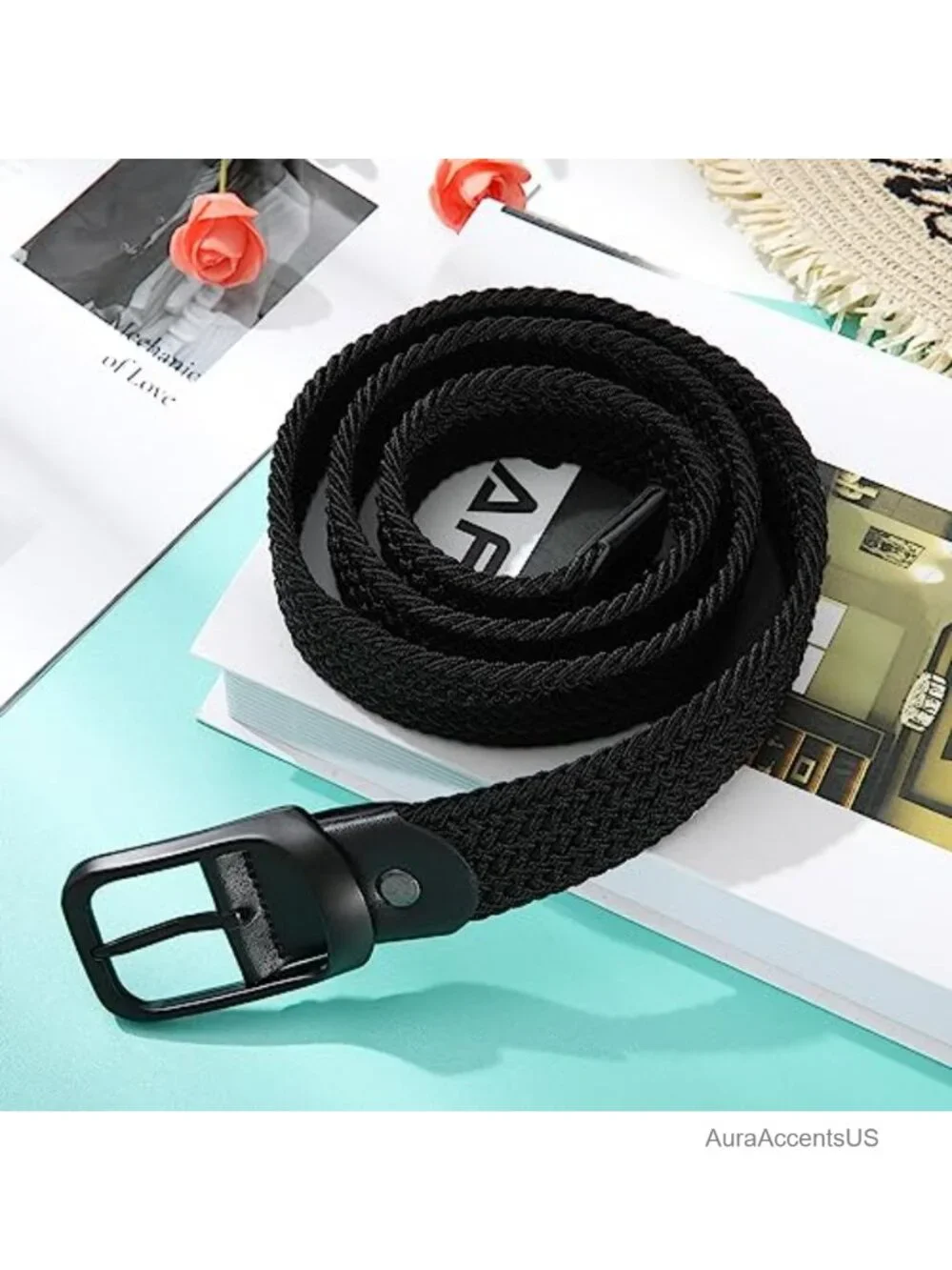Women's Stretch Braided Belt - No-Hole Elastic Woven Fabric Waist Belt